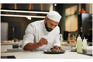 Chef plating a fine dining dish while using Annoncer kitchen display technology during service