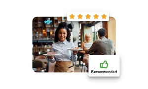 Happy restaurant guest receiving excellent service and a positive dining experience