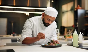 Chef plating a dish in a professional kitchen