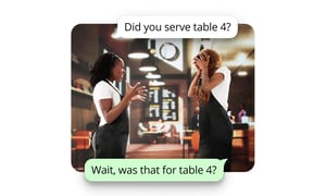 Two restaurant staff members confused by unclear communication during servic