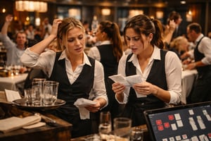 Restaurant staff managing orders during a busy dinner service