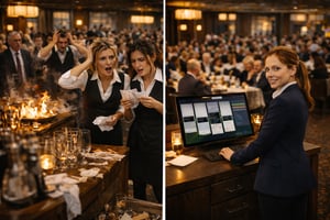 Split image showing a busy restaurant in chaos on the left and organised service with Annoncer on the right