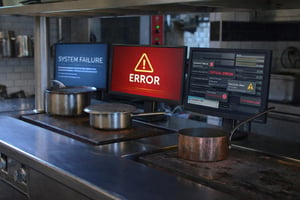 Kitchen systems showing critical errors and integration failures in a professional restaurant