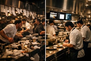 Busy restaurant kitchen compared with an organised kitchen during service