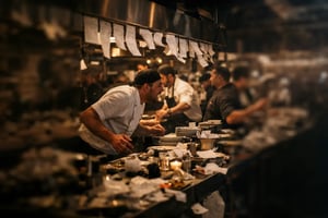Busy restaurant kitchen with teams struggling to coordinate during peak service